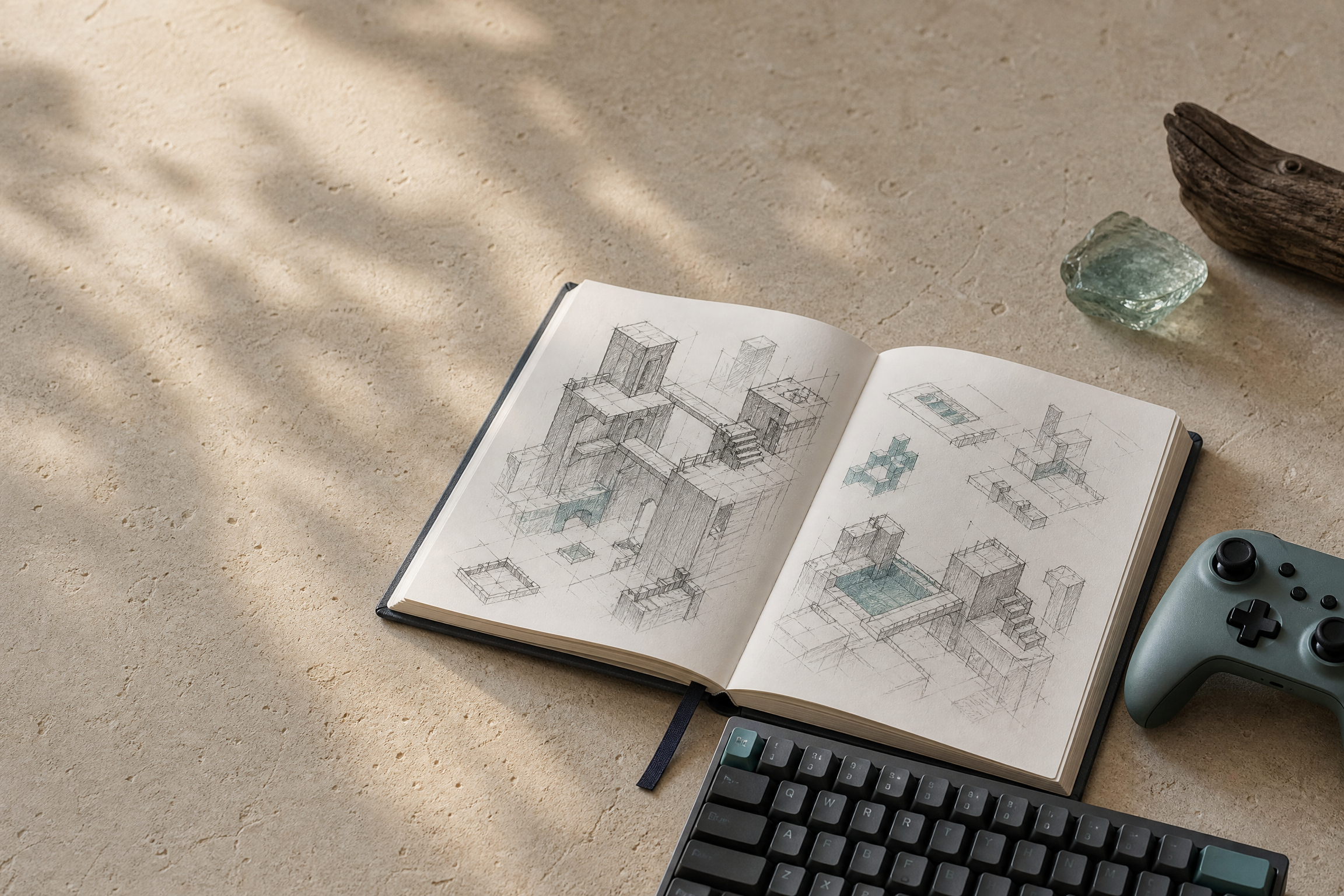 Developer notebook, controller and keyboard on a desk